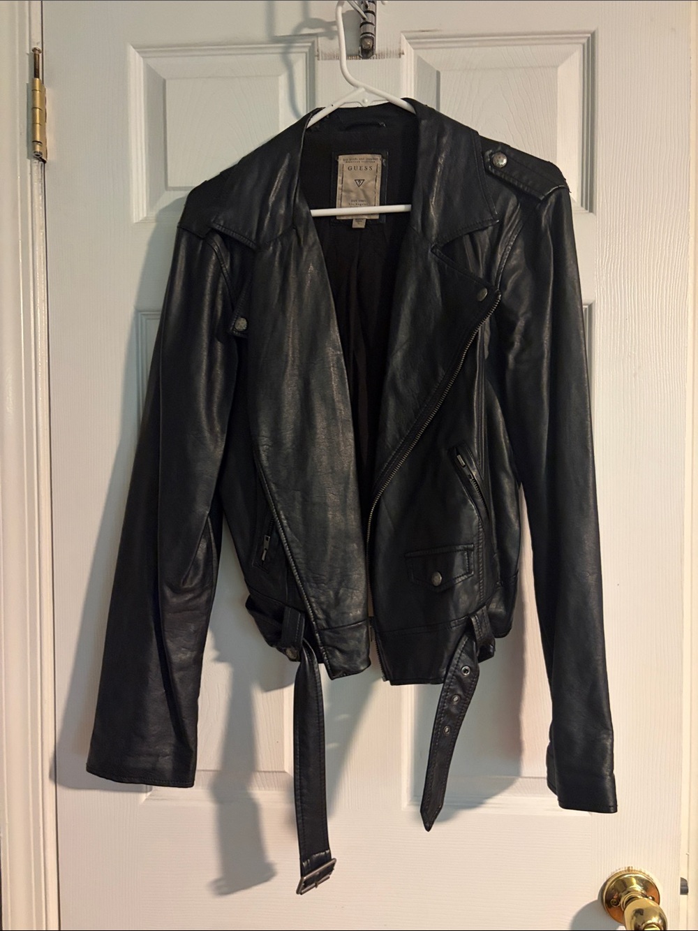 Guess Black Leather Asymmetrical Moto Jacket with Belt